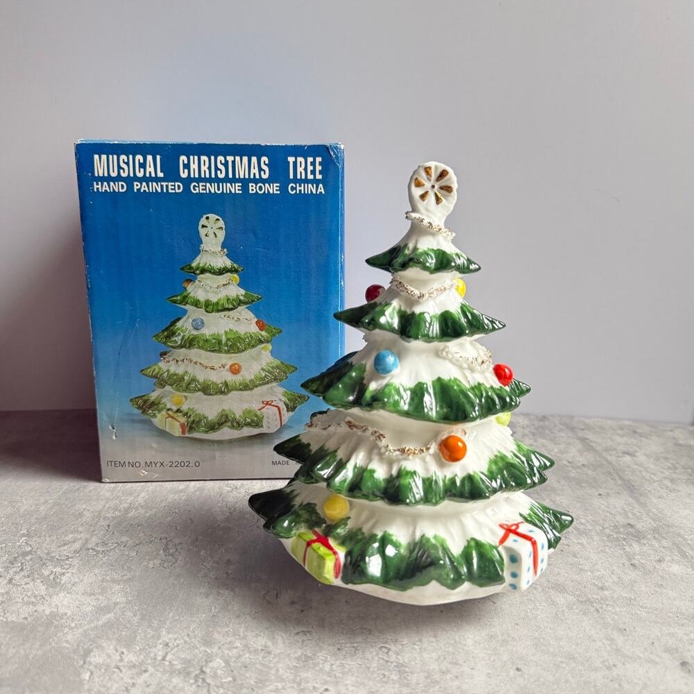 Vintage Musical Christmas Tree Bone China Hand Painted Wind Up Silent Night 8”